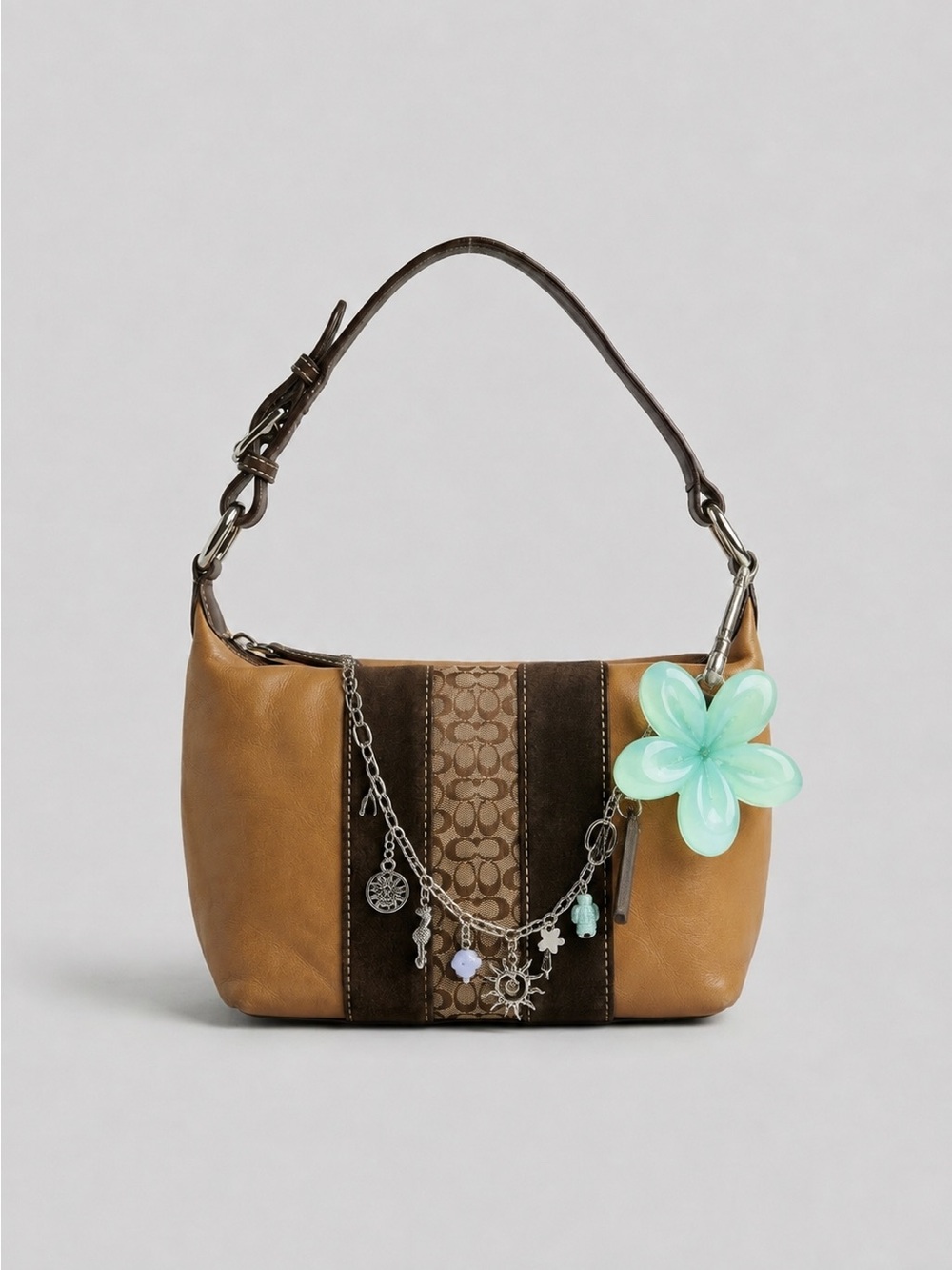 Vintage Coach Tan Brown Leather Suede Stripe Mini Hobo Shoulder Bag